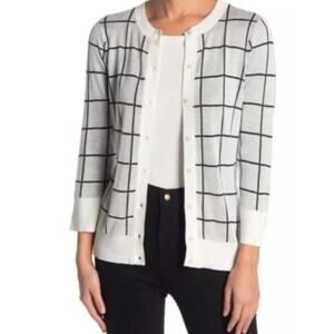 NWT Halogen Black and Cream 3/4 Sleeve Windowpane Viscose Cardigan Size S